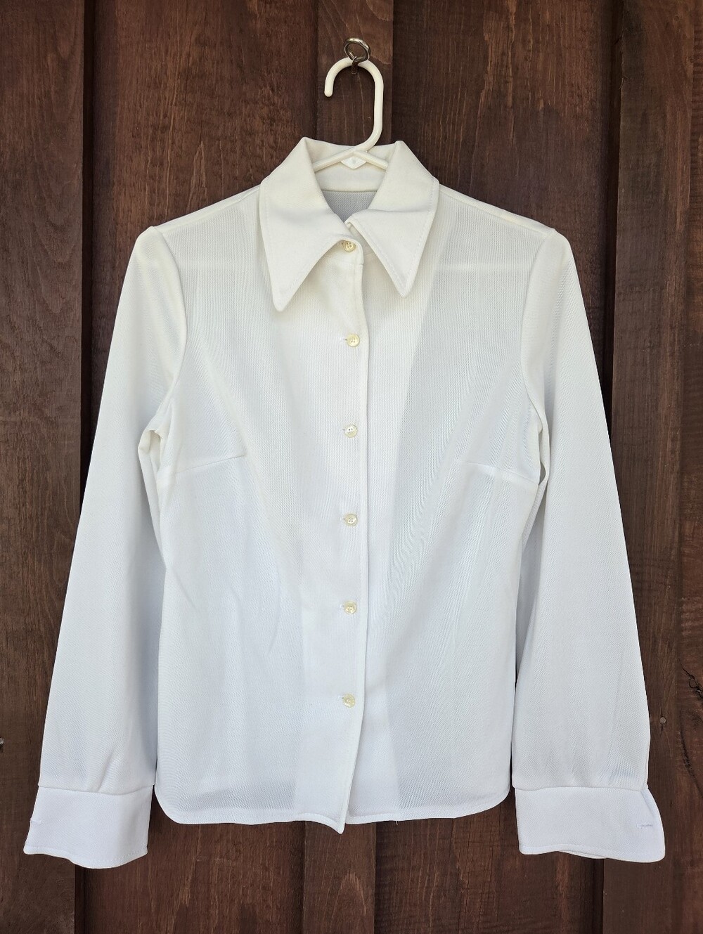 Vintage White Polyester Pointed Collar Blouse 1960s